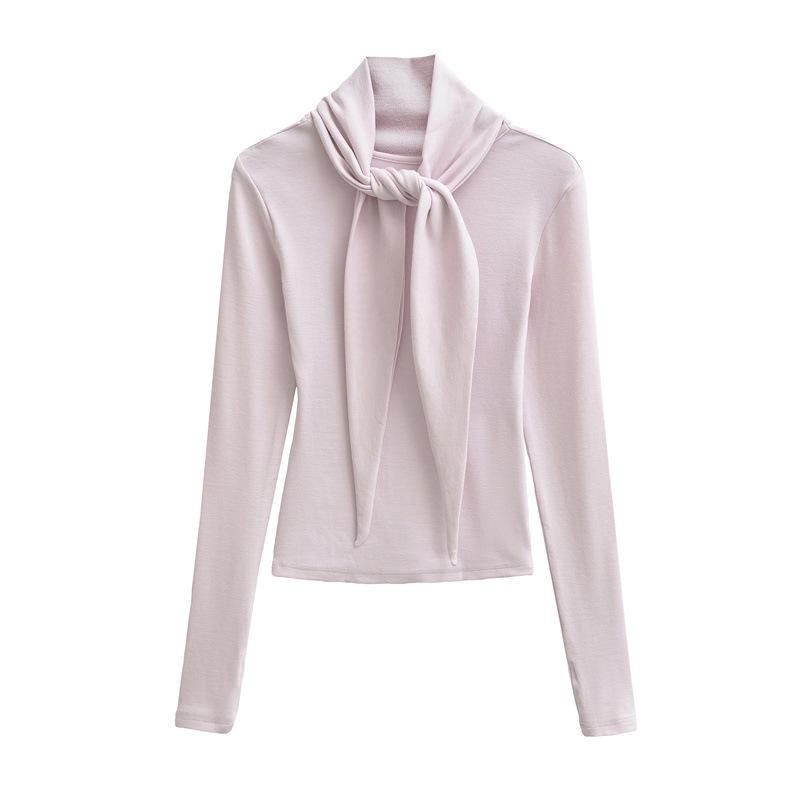 

2026 Spring Korean Style Elegant Lace-up Faux Cashmere Long Sleeve Women s Top with Scarf Small