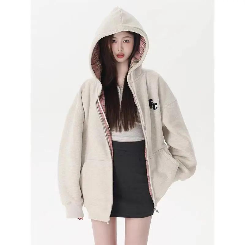 

Sweatshirt for Women s Long Sleeved Jacket Splicing Lined Checkered Fabric Hooded L бежевий