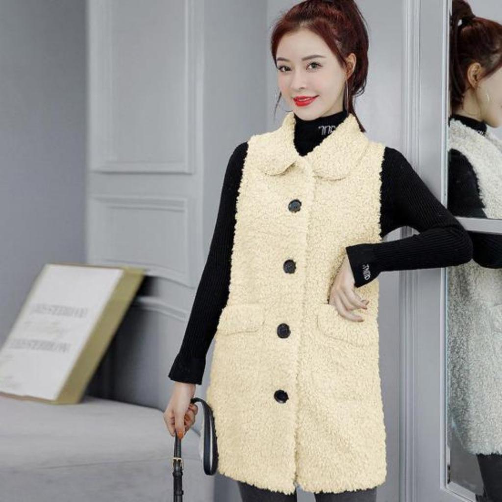 Fall Winter Women Vest Coat Lapel Sleeveless Solid Color Single-breasted Pockets Fleece Cardigan Mid Length Thick Warm Soft Loose Lady Waistcoat