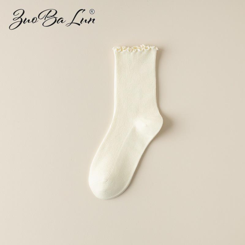 Barron Bubble Summer Cotton Lace Mid-Calf Socks with Wood Ear Edge - Japanese Sweet Style
