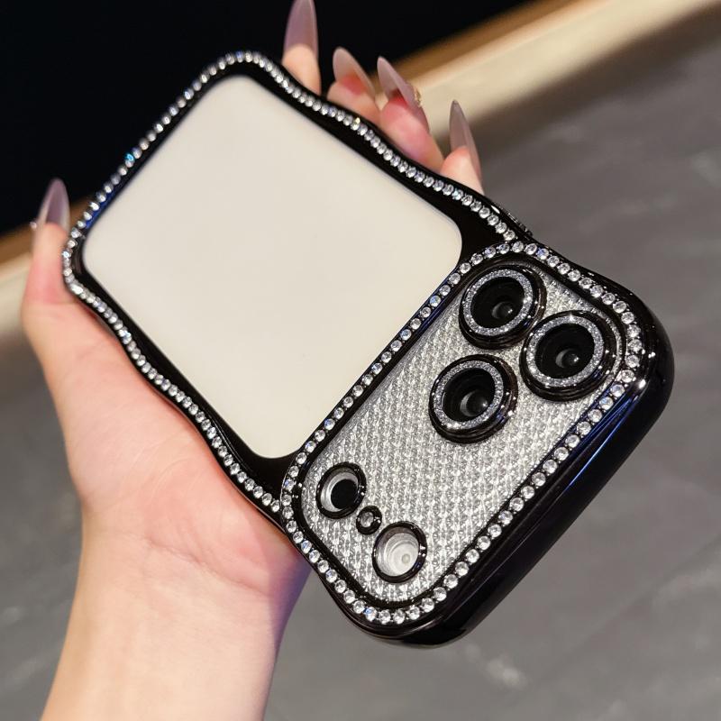KEYSION Plating Transparent Wavy Rhinestone Phone Case for iPhone 13 14 15 16 17 Pro Max Air 16 Plus Lens Protector Shockproof Cover