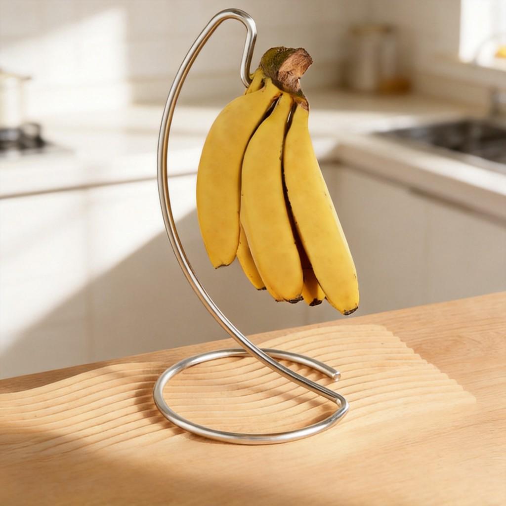 Portable Stainless Steel Banana Holder With Hooks For Kitchen Counter And Office Desk Use