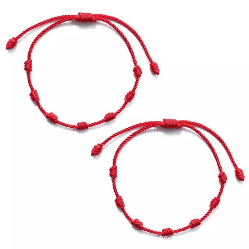 Red Adjustable Flat Knot Bracelet: Seven Knots Handmade Lucky String for Men and Women