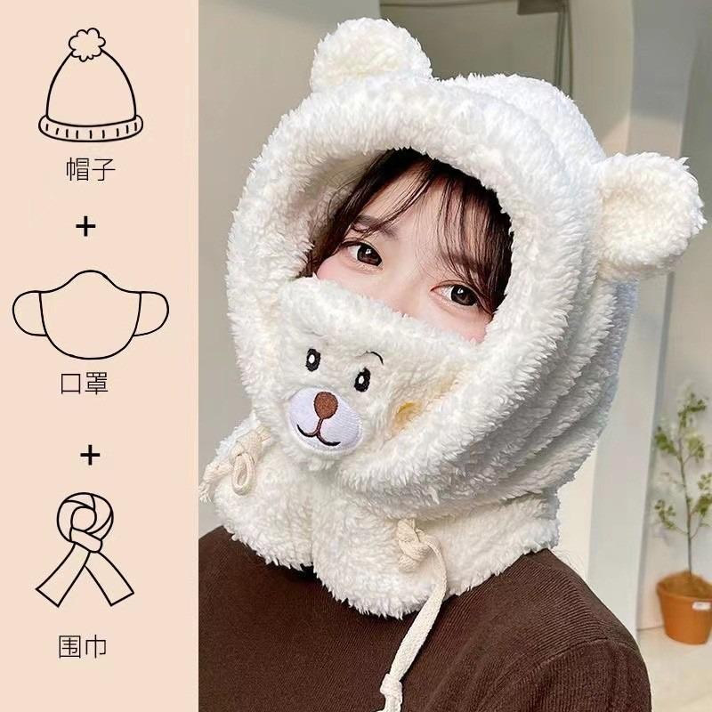 Autumn and Winter Hat Female Cute Fox Ear Scarf Thickened Integrated Scarf Plush Hat Cycling Warm Ear Protection Hat