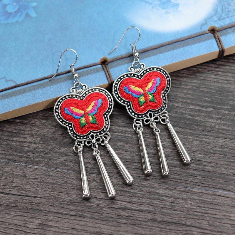 Retro hand-embroidered fabric earrings female long flower fringed versatile temperament performance earrings earrings