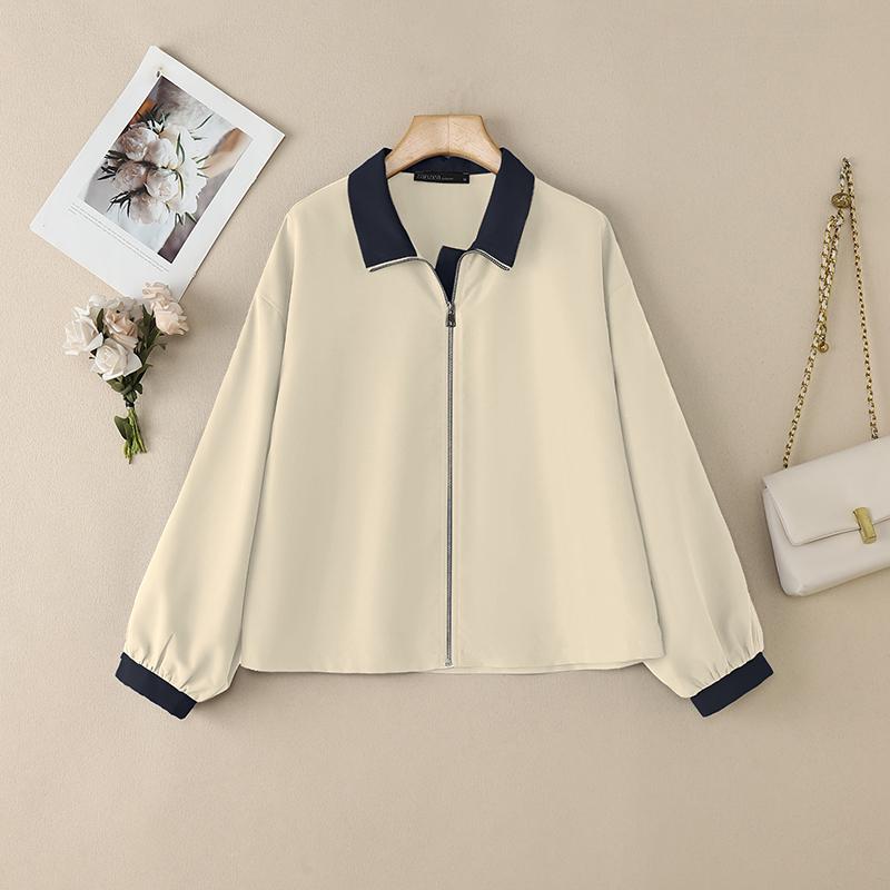 

ZANZEA Women Casual Turn Down Collar Long Sleeve Zipper Thin Cardigan Blouse 3XL абрикосовий