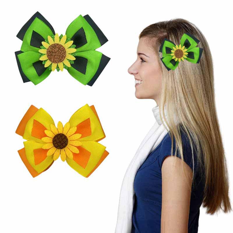 Green & Yellow Sunflower Bow Hair Clip - Double Layer Ribbed Party Headwear