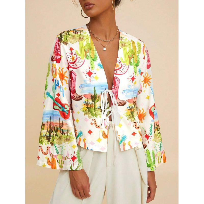 

Horn Sleeve Printed Top European and American Women New Autumn Seaside Vacation Bell Sleeve Print Top Color XXL