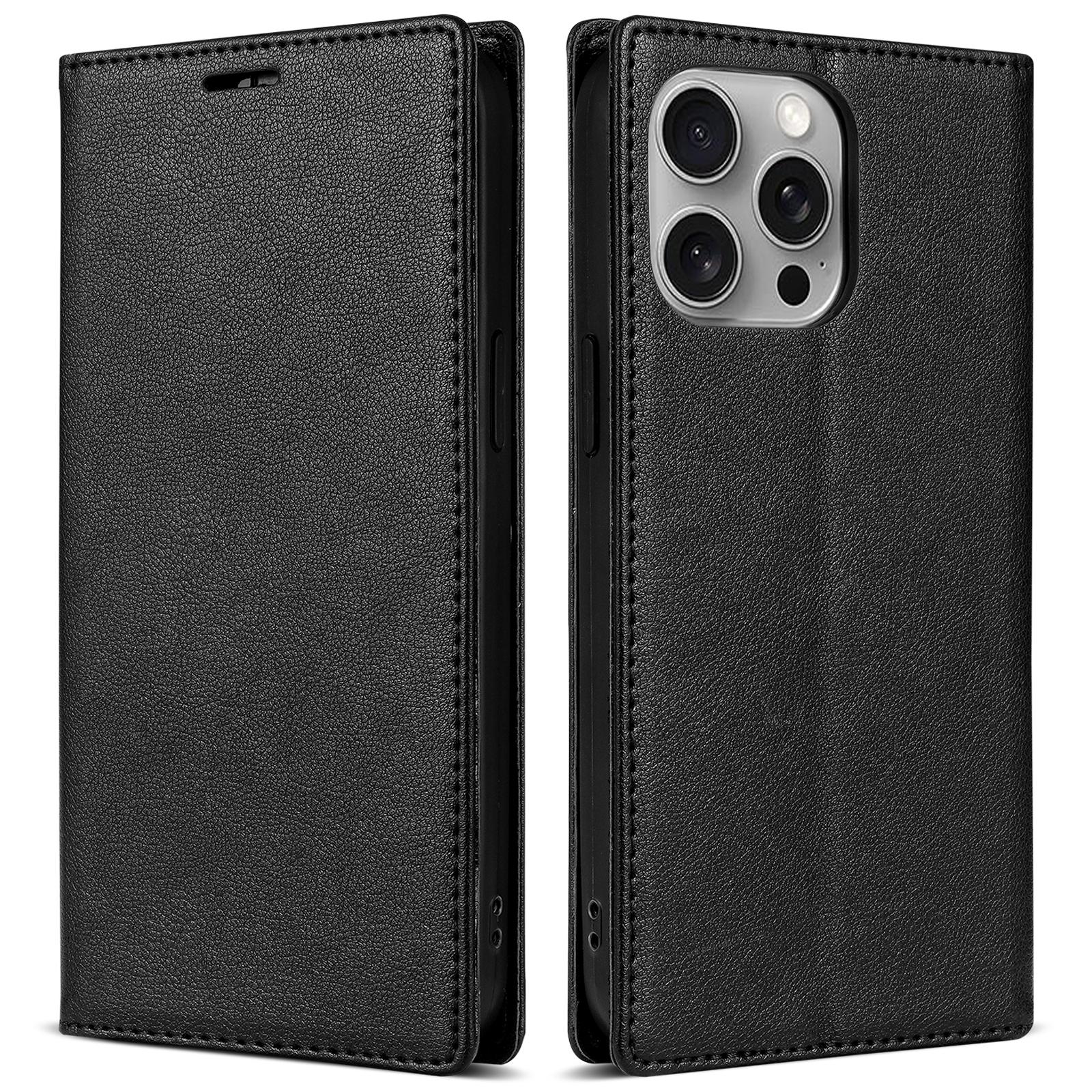 

BKS-001 For iPhone 16 Pro Wallet Case Magnetic Closure PU Leather Phone Cover Black