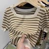 Women Sweaters Pullovers 2025 Summer Short Sleeve Square Collar Striped Black Knitted Sweater Women Tops Pullover JJ280