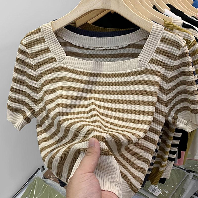 Women Sweaters Pullovers 2025 Summer Short Sleeve Square Collar Striped Black Knitted Sweater Women Tops Pullover JJ280