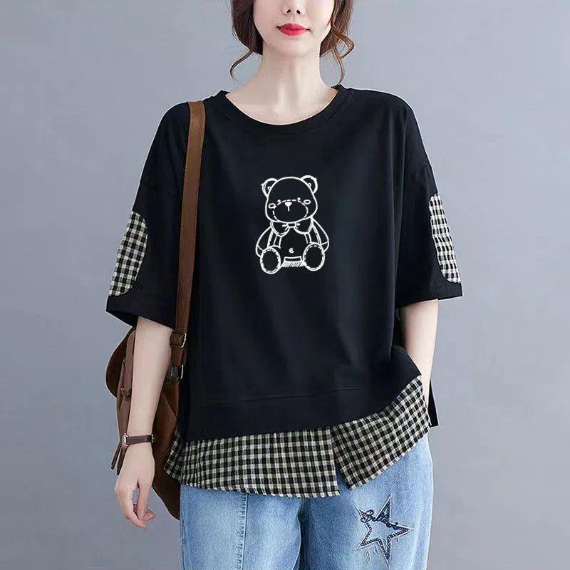 Tops Women Cotton Summer Large Size Fake Two Pieces T-shirt Polo Neck Loose Printed Casual Pullover T-shirt Top