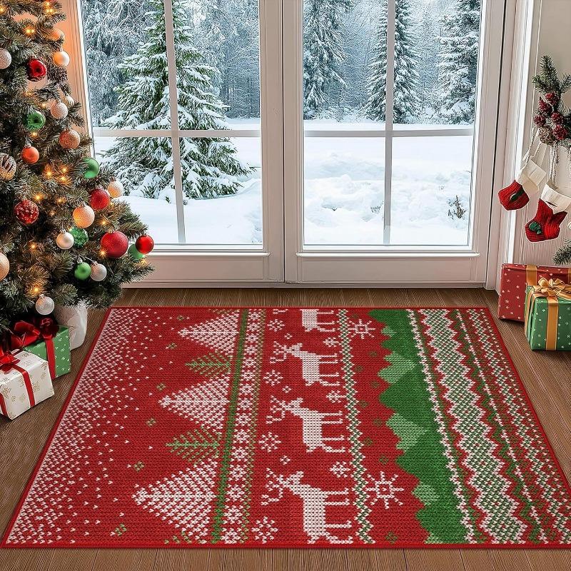 Merry Christmas Holiday Rug All-Over Living Room Carpet Festive Door Mat Washable Decorative Floor Decor for Xmas Very Beauty