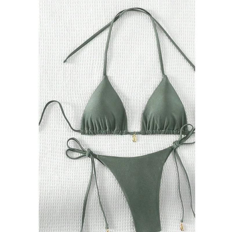 Sexy Pure Color Bikini Set with Strap Ne Hanging Pad Metal Bule Two-Piece Swimsuit Triangular Design Polyester Nylon Mate...