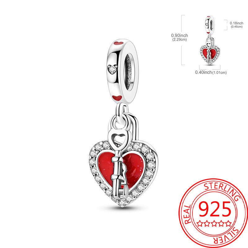 Breloque Pendentif Perles Cœur Rose Scintillant Cuivre Compatible Bracelet Original Pour Femmes Bijoux Cadeaux Saint-Valentin
