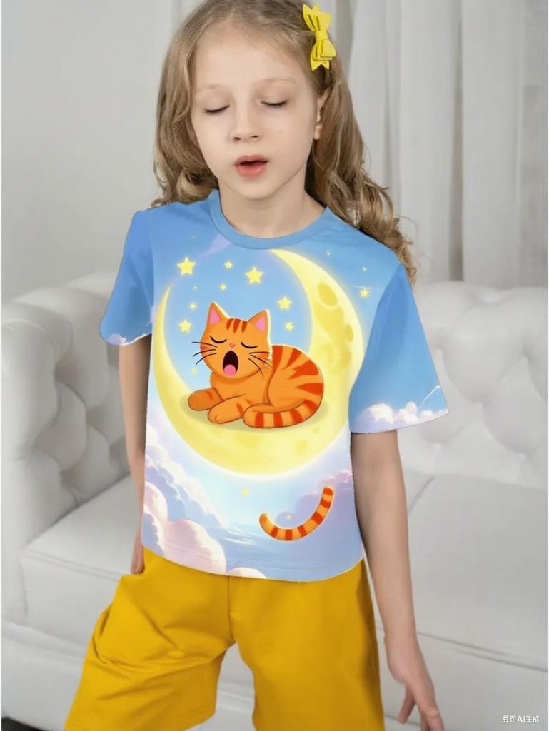 Girl Clothes Cute Wing Cat 3D Print Short Sleeve Tees Casual Round Neck Kids T-Shirt Tops Fashion Streetwear Children's Clothing