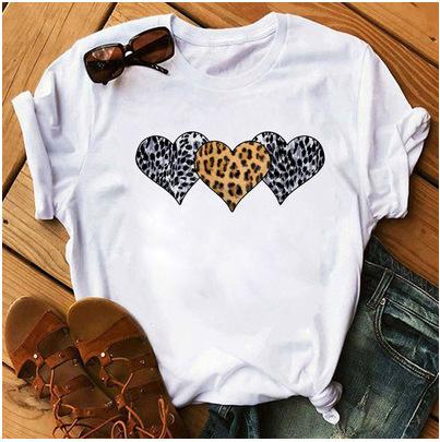 OUnisexs Shortsleeved Tshirt Fashionable Leopard Print Heart Print Base Shirt Women Clothes Graphic T Shirts
