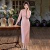 Pink Embroidered Chinese-Inspired Modern Cheongsam Dress Womens Slim Fit Long Sleeve Vintage Style