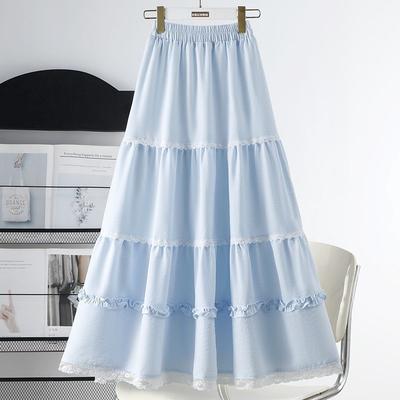 Spring/Summer Balletcore Midi Skirt for Women - Soft Slim-Fit Lace Trim Tiered Cake Skirt