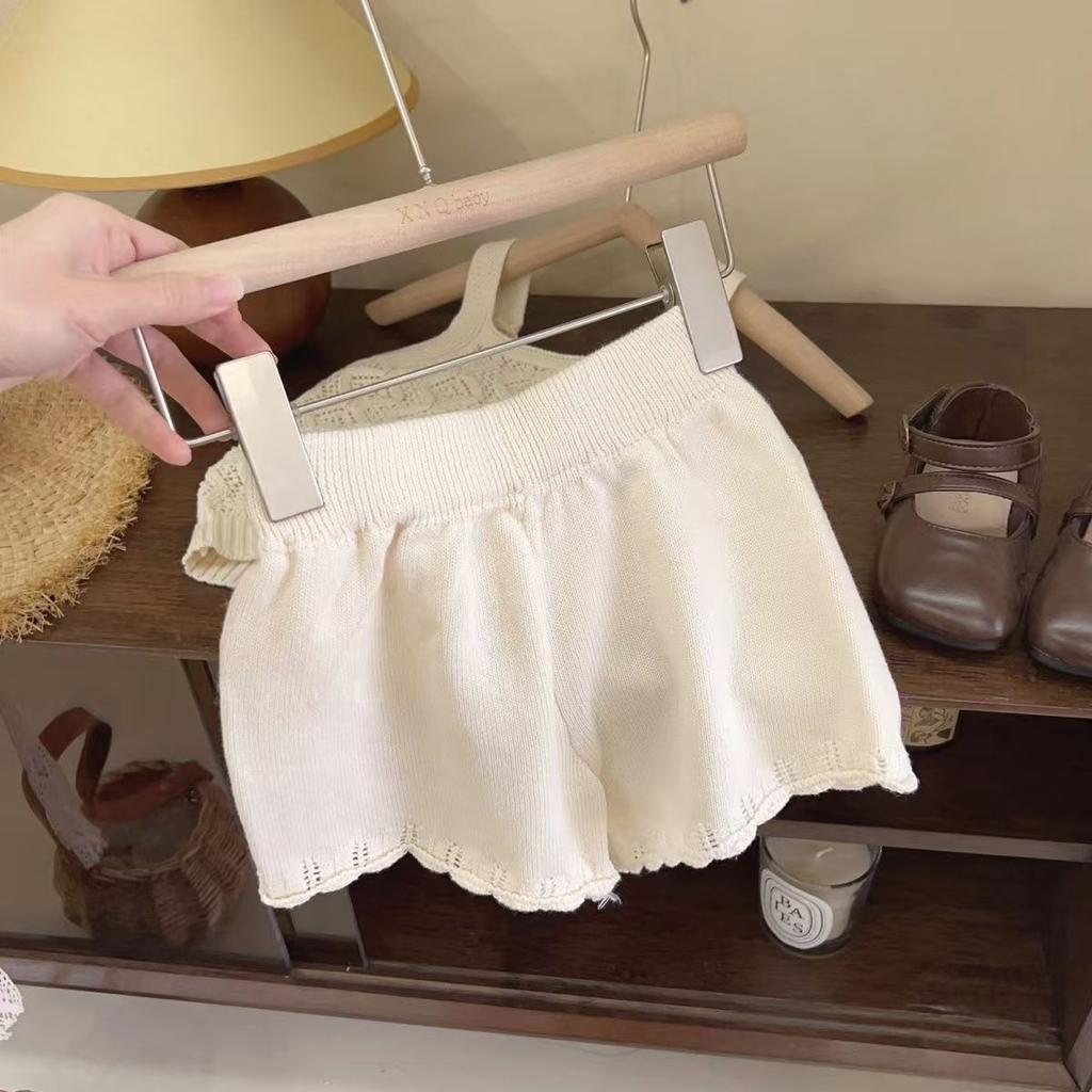 Summer Girls Knit Camisole And Shorts Set Hollow Out Breathable Thin Two Piece Outfit For Kids