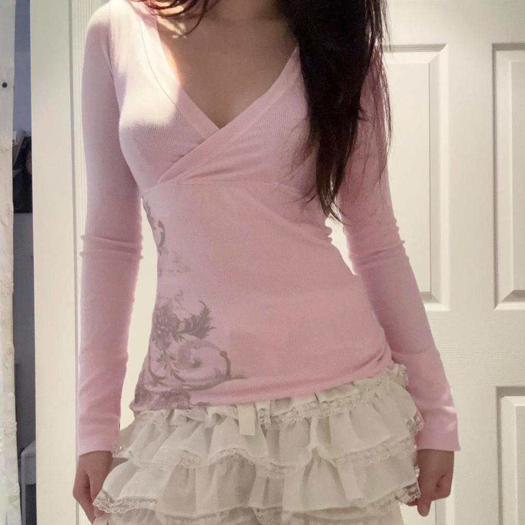 Retro scharfes florales Print V-Ausschnitt Langarm figurbetontes T-Shirt für Damen