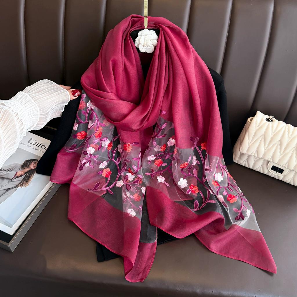 Elegant Soft Thin Luxury Silk Scarf Flower Embroidery Foulard Women Hijab Shawls Large Wraps Shiny Lace Scarf Female
