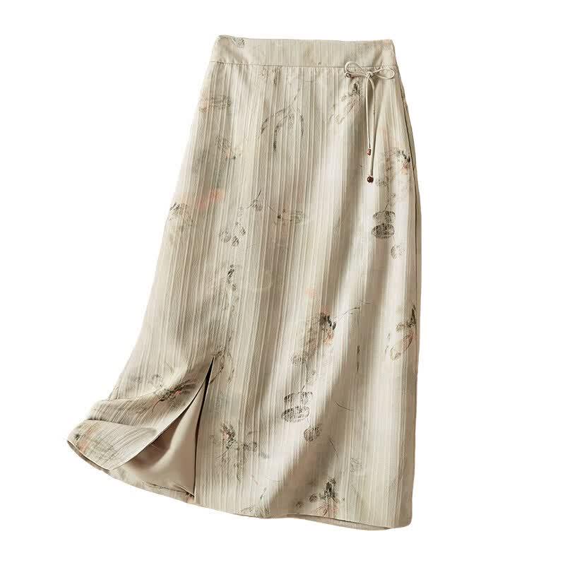 IHIMI New Chinese Style A-Line Printed High-Waist Midi Skirt