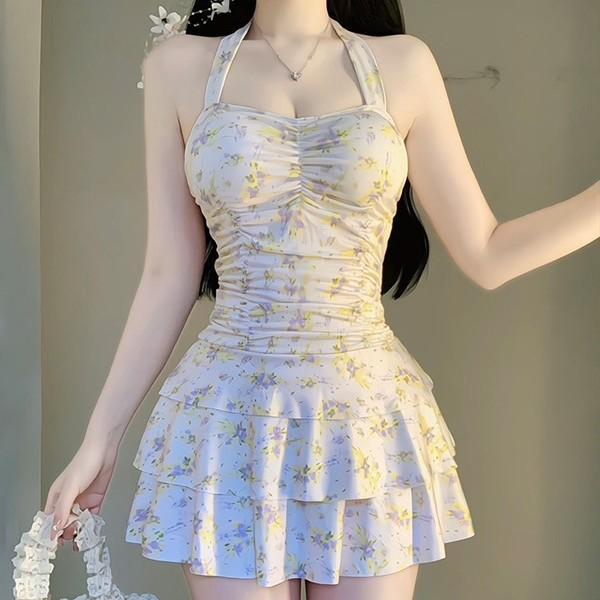 Cute girl floral pure desire skirt swimsuit small breasts gather conservative meat cover thin sweet sister swimsuit women's hot spring