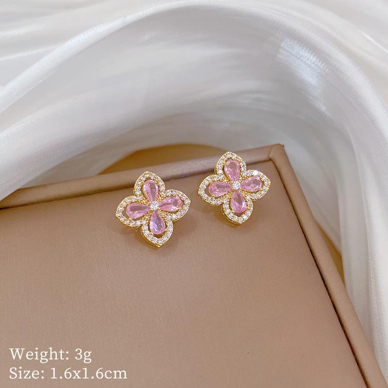 Necklace Earrings Set Light Luxury Full Diamond Four-Leaf Flower Zircon Personality Temperament Banquet Earrings Necklace Group
