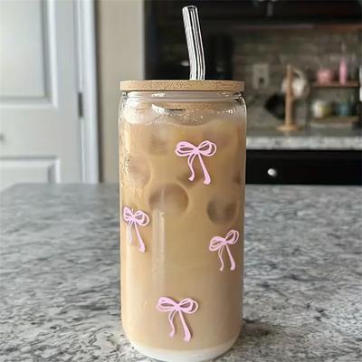 500ml Różowa Kokarda Urocze Szklanki z Pokrywkami i Słomką Kubek Termiczny Szklany Kubek na Mrożoną Kawę Mleczną Smoothie Koktajl Matcha Sok