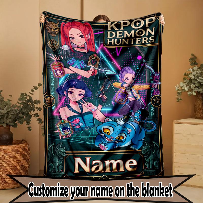 Custom Name Personalized Kpop Demon Hunter Print Blanket, Home Decor, Bedroom, Sofa, Camping, Couch, Gifts for Birthday Christmas