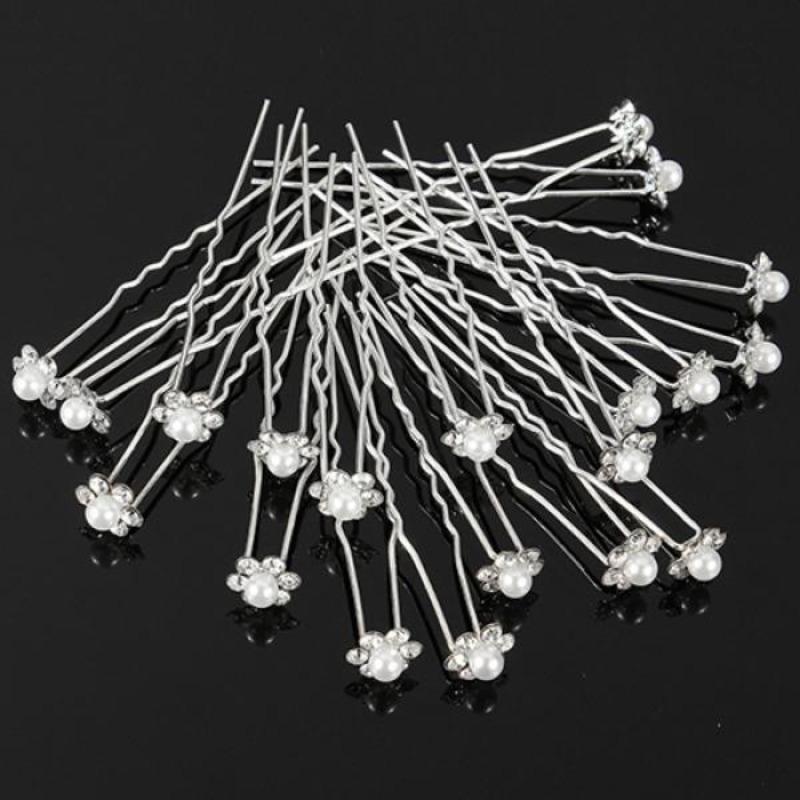 20Pcs Wedding Bridal Faux Pearl Rhinestone Flower Hair Stick Pins Clips Silver Color Jewelry