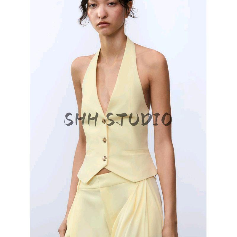 Hanging Collar Vest-Style Tops Vest 2010832 Pairs of Pleated High Waist Simple Graceful Casual Pants 4661428