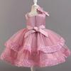 Girls Beaded Bow Tie Sequin Mesh Children's Sleeveless Evening Dress School Graduation Party Multi Layered Dress