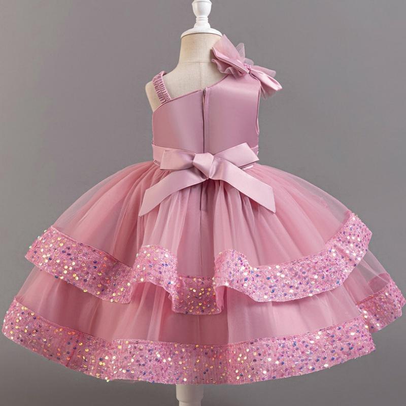 Girls Beaded Bow Tie Sequin Mesh Children's Sleeveless Evening Dress School Graduation Party Multi Layered Dress