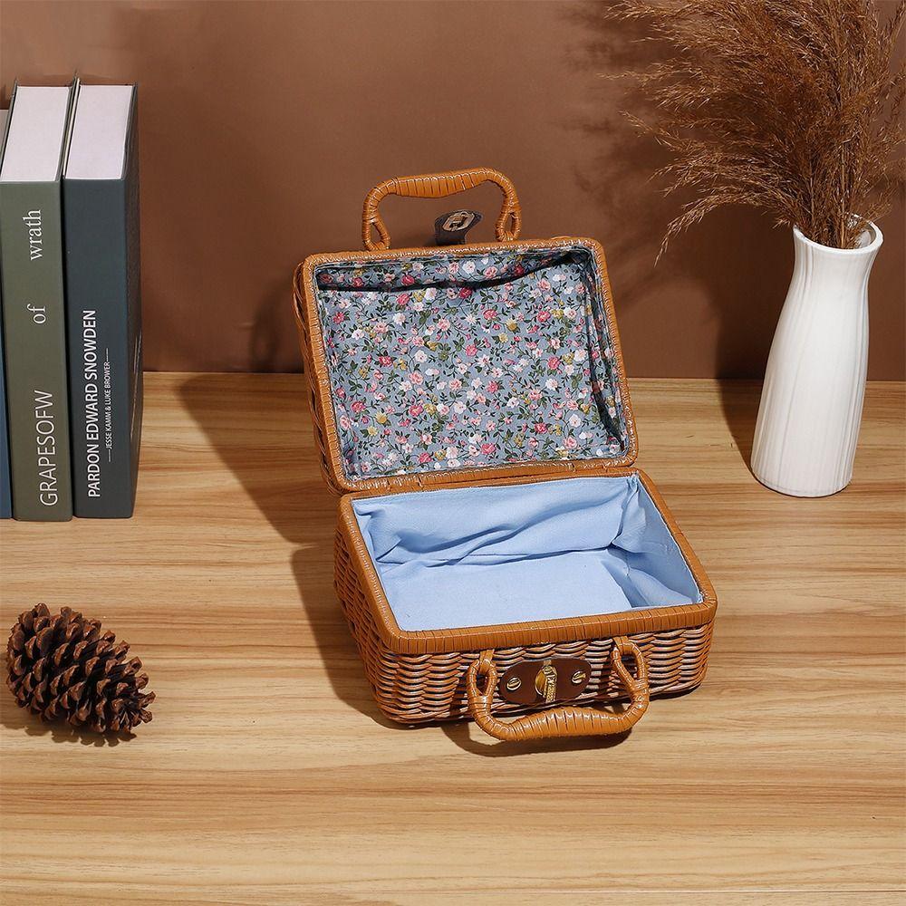 Handmade Travel Suitcase Vintage Picnic Basket Cosmetic Sundries Organizer Gift Box  Makeup
