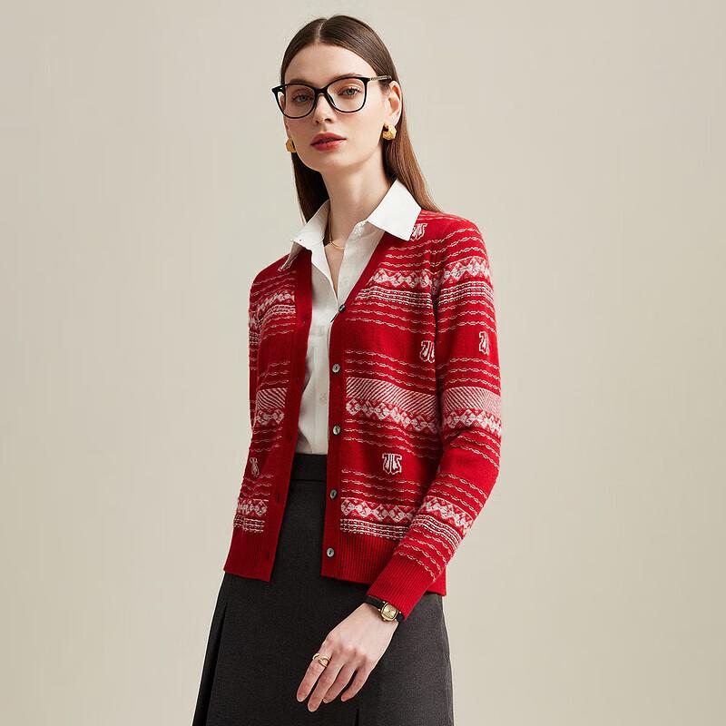 Zhaojun Women's Pure Cashmere V-Neck Striped Cardigan