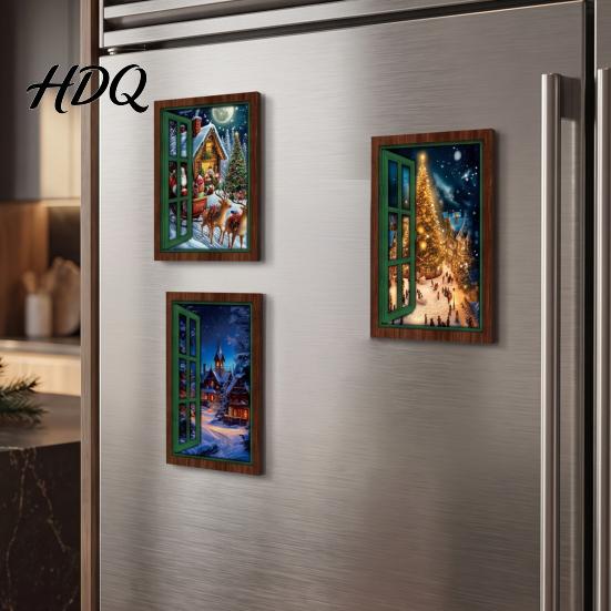 Christmas Fridge Magnet 3Pcs Light-up Window Magnet Wooden Fake Refrigerator Magnets with LED Light Magnetic Decoration for Holiday Party