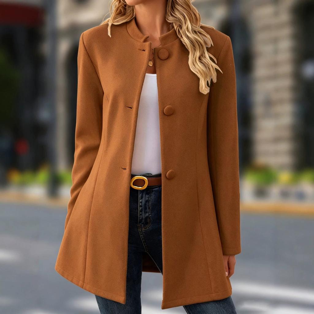 Women S Casual Stand Collar Mid Length Woolen Coat For Daily Wear