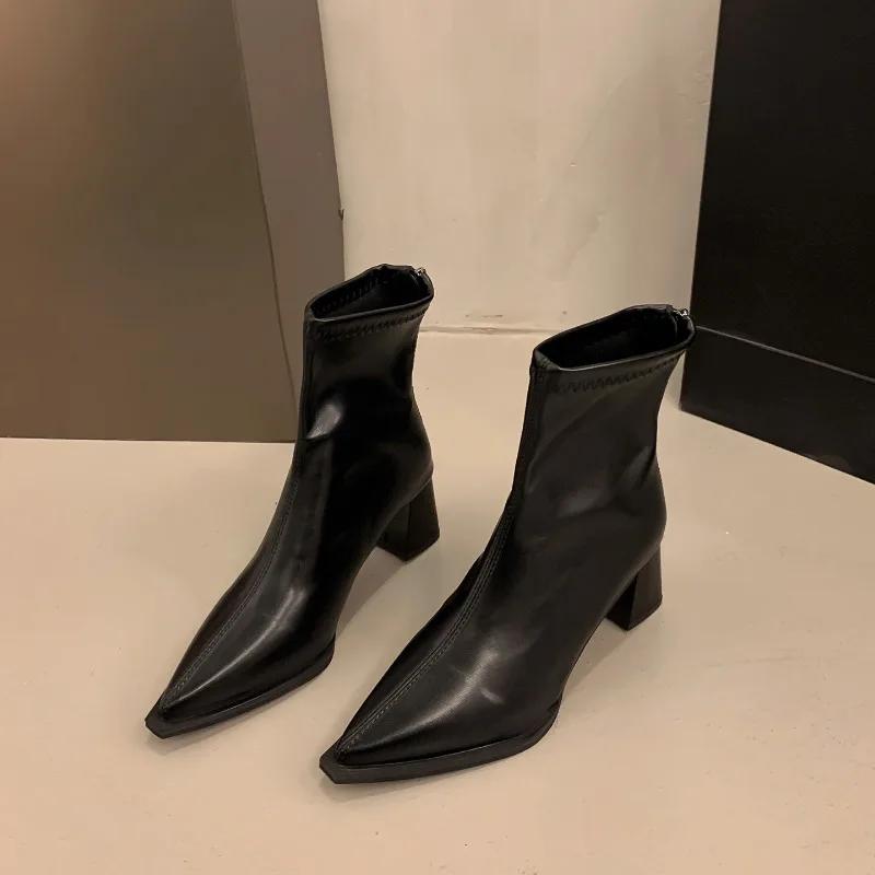 Fashion Street Style Pointed Toe Elastic Slim Women Ankle Boots Design Thick Heel Short Booties Autumn Winter Ladies Shoes