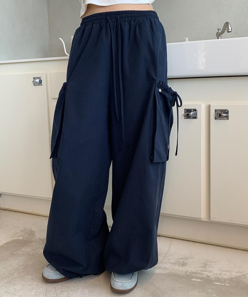 RONRON Ribbon String Wide Cargo Pants Navy