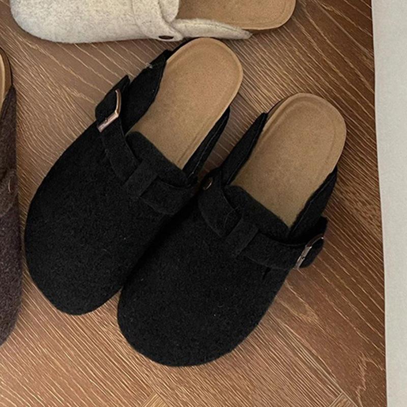 Baotou half slippers women wear popular Internet celebrity woolen flat cork Birkenstocks