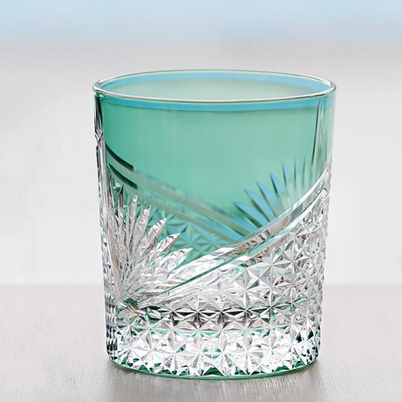 

Hand Cut Edo Kiriko Style Colored Whiskey Glass Drink Tumbler For Old Fashioned Iced Beverage 240ml-250ml зелений