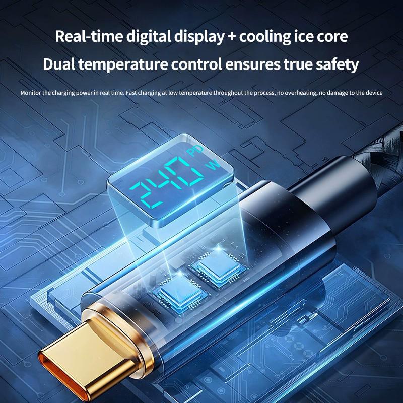 6A Clear Digital Display 100W Type-C Cable for Super Fast Charging - Compatible with Huawei, Xiaomi, Apple PD