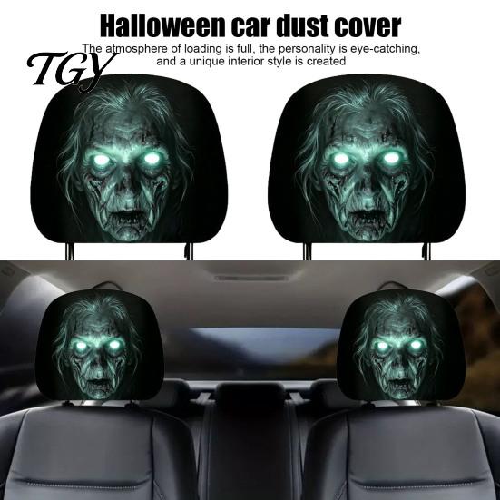 Funny Prank Car Accessories 2Pcs Ghost Face Headrest Covers, Halloween Horror Seat Decorations, Holiday Atmosphere Decor Universal Fit