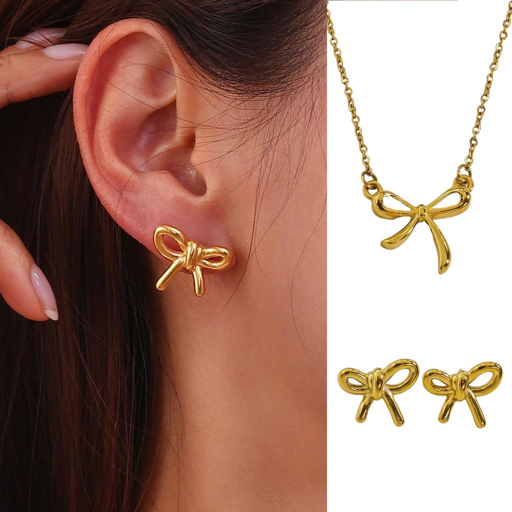 CARLIDANA Fashion Trend Bow Jewelry Waterproof Bow Earrings and Necklace 18k Gold Plated Stainless Steel Women Jewelry Set