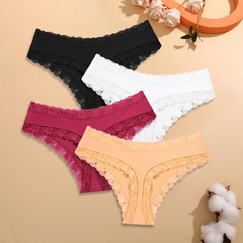 FINETOO S-XXL 4 Peças Algodão Renda Floral Roupa Íntima para Mulheres Calcinhas Sexy Listradas Cor Sólida Meninas Cintura Baixa Respirável Fio Dental Lingerie
