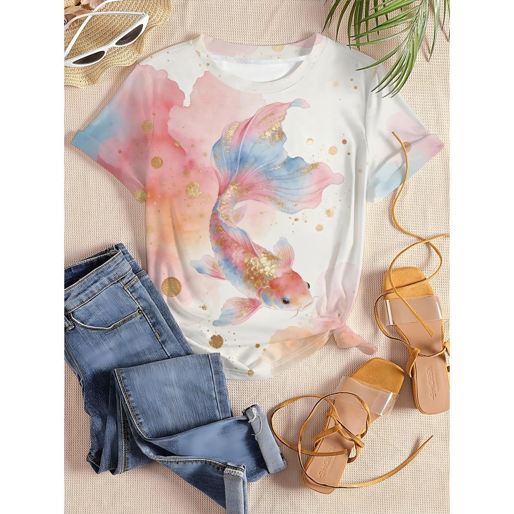 Pink gold gradient goldfish round neck T-shirt women's size loose fit casual trend
