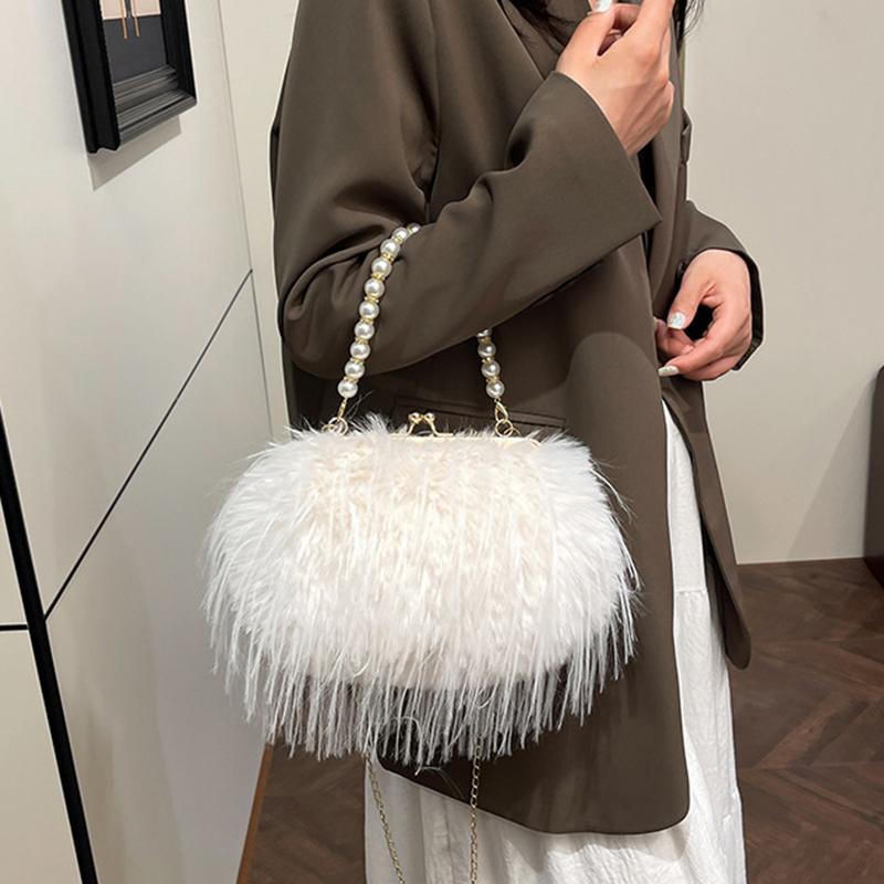 Yogodlns Luxe nepbont avondtasje Pluizige effen kleur schoudertas Grote capaciteit Parelhandvat Clutch Crossbodytas Voor dames