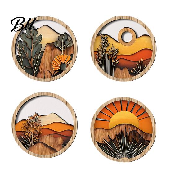 Warm Wood Grain Art 4 Pcs Boho Wall Art, Bohemian Sunset Mountain Plant Decor, Wooden Natural Tone Round Circle Hollow Out Farmhouse Hanging Ornament B